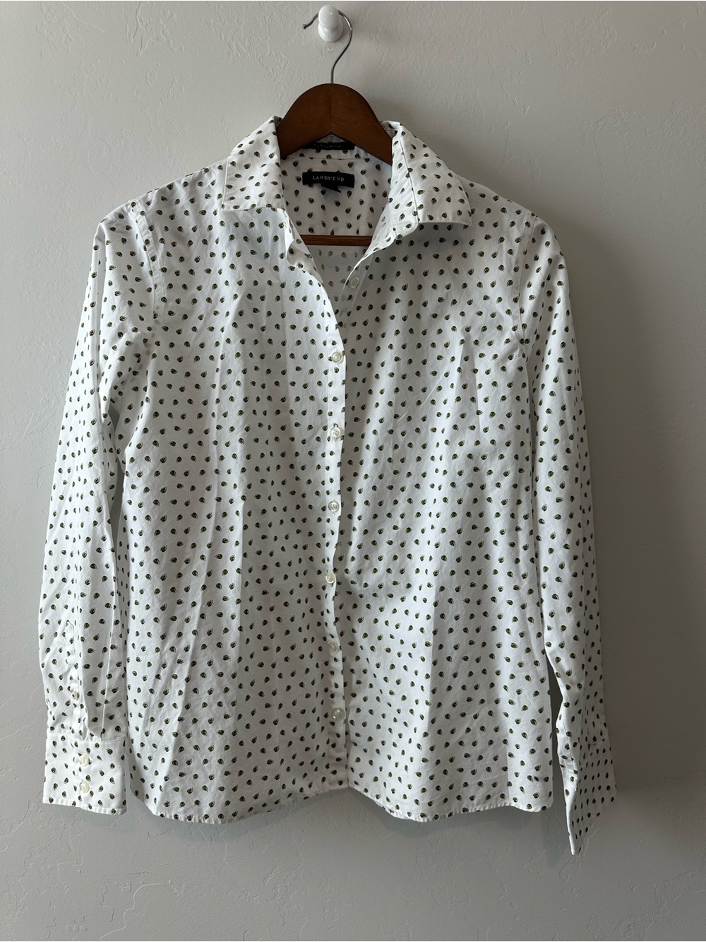 Lands' End White Button-Down Shirt with Olive Dot Pattern